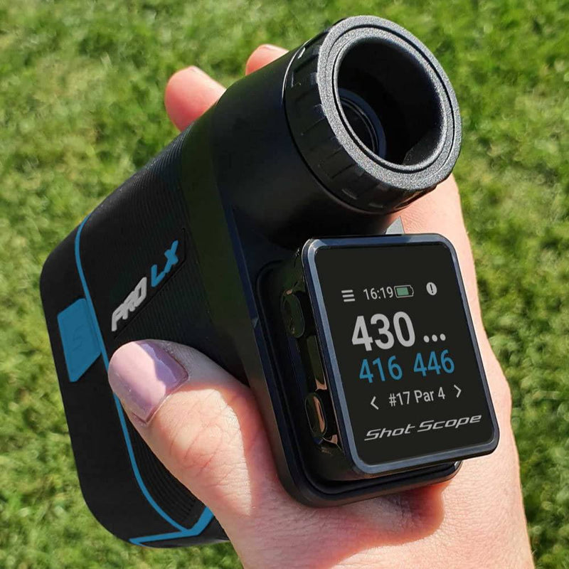 Shot Scope PRO LX+ Laser Rangefinder with Performance Tracking (Blue) - F/M/B green and hazard distances - 100+ statistics including Strokes Gained - Golf Gift