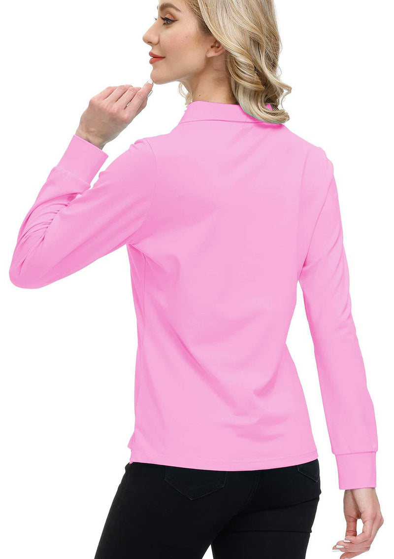 MoFiz Women's Long Sleeve Polo Shirts Cotton Golf Tops Casual Sports T-Shirt with 1/4 Zipper Pink Size M - Golf Gift