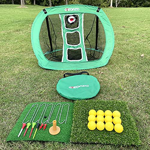 GEEORZO Golf Chipping Net, Pop Up Golf Practice Net with 2 Golf Hitting Mats, 12 Practice Balls and Golf Tees Accessories for Backyard Outdoor Indoor (Net+Mats+Balls(Green)) - Golf Gift