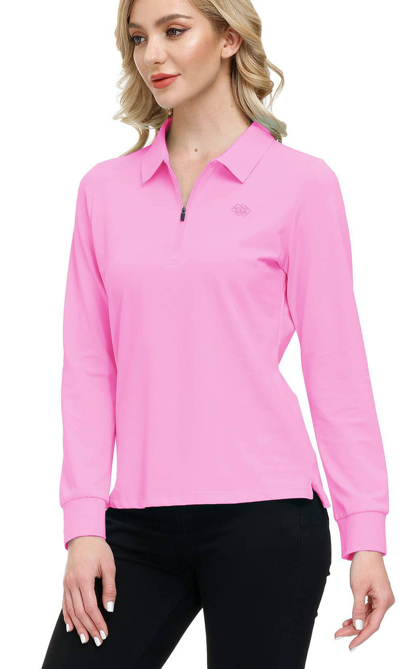 MoFiz Women's Long Sleeve Polo Shirts Cotton Golf Tops Casual Sports T-Shirt with 1/4 Zipper Pink Size M - Golf Gift