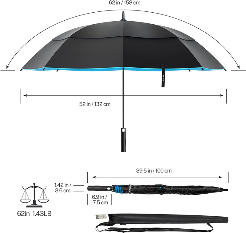 KOLER Golf Umbrella 62 Inch, UV Sun Protection Large Umbrellas Double Vented Canopy Auto Open, Windproof & Rainproof & Sunproof Extra Oversize Golf Stick Umbrella for Men and Women - Black/Blue - Golf Gift