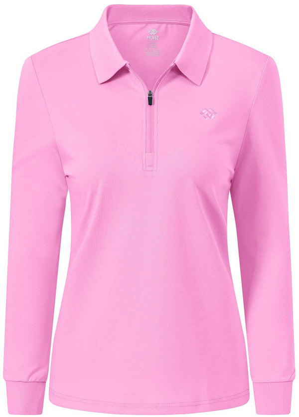 MoFiz Women's Long Sleeve Polo Shirts Cotton Golf Tops Casual Sports T-Shirt with 1/4 Zipper Pink Size M - Golf Gift