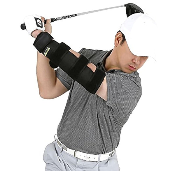 Weighted Elbow Brace - Shoulder Turn & Straight Arm Golf Swing Trainer Increasing The Moment of Inertia Force (Rigid, Patented) - Golf Gift