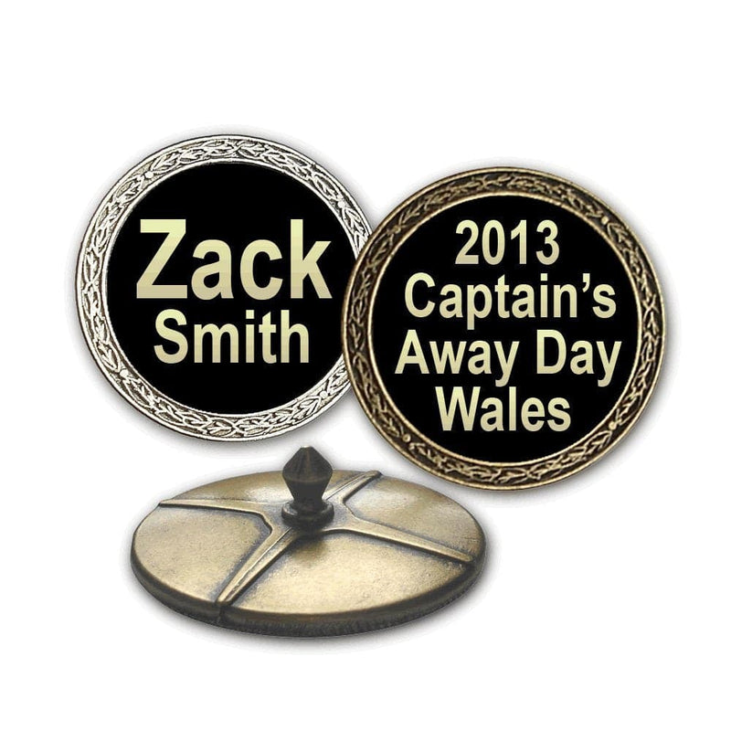 Best Impressions Personalised EXTRA LARGE Golf Ball Markers (Antique Gold effect, gold on black) - Golf Gift