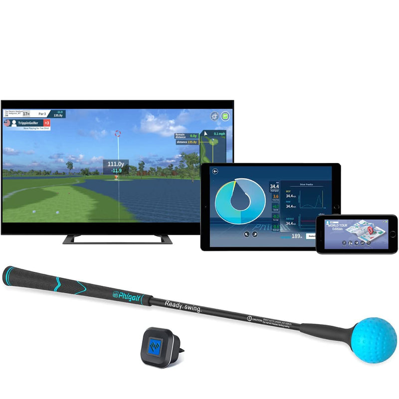 PHIGOLF World Tour Edition - Home Golf Simulator, Access 38,000+ Golf Courses Worldwide. Includes A Compact Weighted Swing Stick, 9-axis Swing Sensor, Supports Android and iOS Devices - Golf Gift