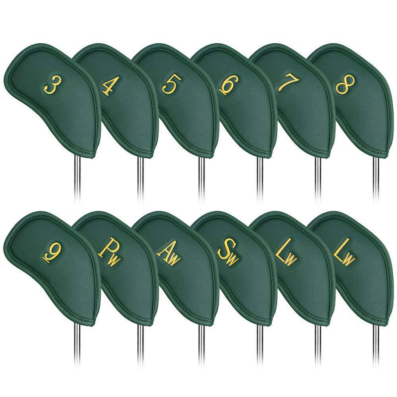 Craftsman Golf 12pcs Thick Synthetic Leather Golf Iron Head Covers Set Headcover Fit All Brands alao Available for Custom Version (Green with Gold No.) - Golf Gift