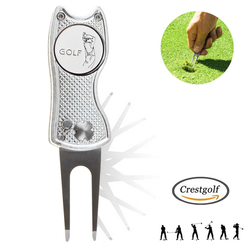 CRESTGOLF Switchblade Golf Divot Tool Golf Green Repair Pitch Fork(silver) - Golf Gift