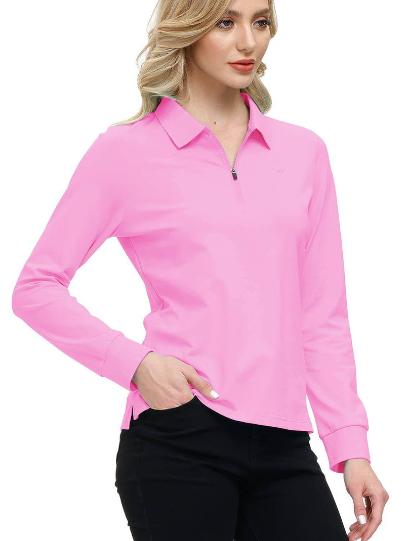 MoFiz Women's Long Sleeve Polo Shirts Cotton Golf Tops Casual Sports T-Shirt with 1/4 Zipper Pink Size M - Golf Gift