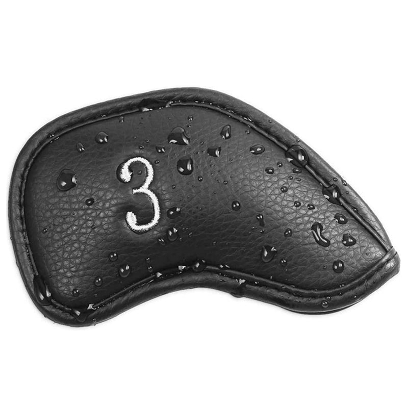 Techson Golf Club Headcovers (Black, 12pcs), Waterproof Portable Iron Head Covers Protector, Outdoor Leather Golf Putter Accessories Equipment - Golf Gift