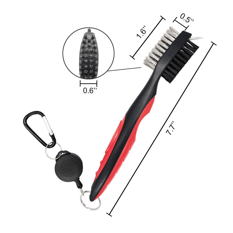 Mebamce Lightweight Portable Golf Club Brush and Groove Cleaner Dual Sided Nylon and Steel Brush with Cleaning Spikes, Retractable Cord and Carabiner - Golf Gift