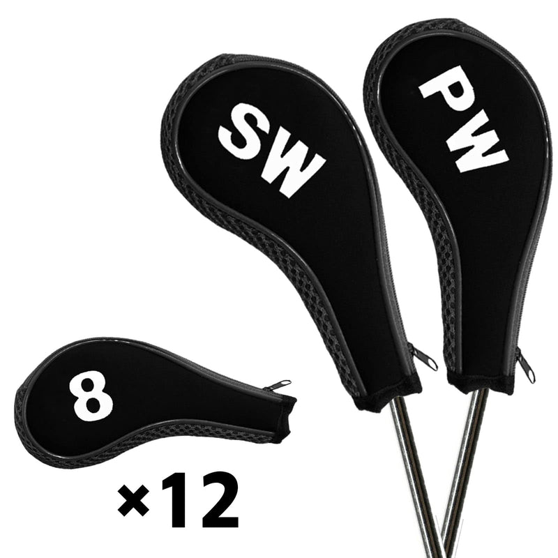 Golf Iron Head Covers Neoprene With Zipper 12 Pcs Lightweight， Golf Iron Head Covers Fit All Brands Iron Club (Black) - Golf Gift