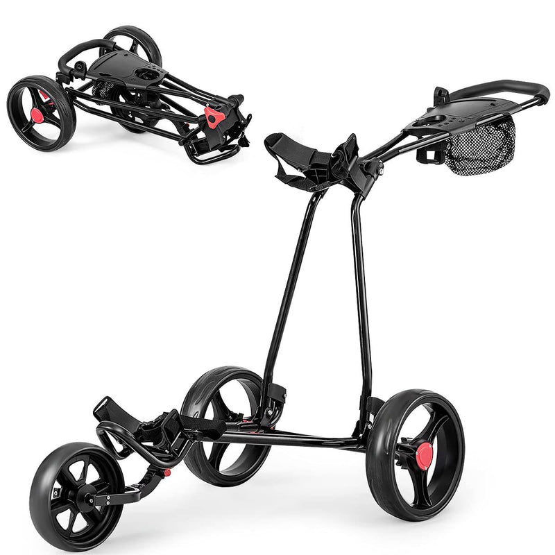 COSTWAY Folding Golf Push Pull Cart, Lightweight 3 Wheels Golfs Trolley with Foot Brake, Umbrella & Cup Holder, Adjustable Handle and Storage Bag - Golf Gift