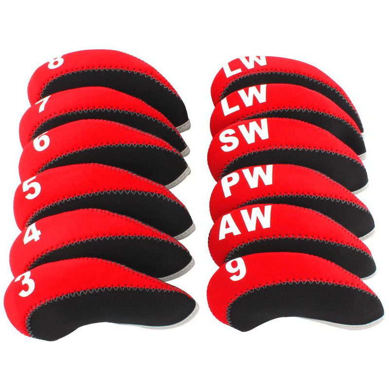 BIG TEETH Golf Iron Club Head Covers Men 12Pcs Set for Right-hand 3-9.PW.AW.SW.LW.LW Neoprene Headcovers Protector with Number Tag Gift (Red&Black) - Golf Gift