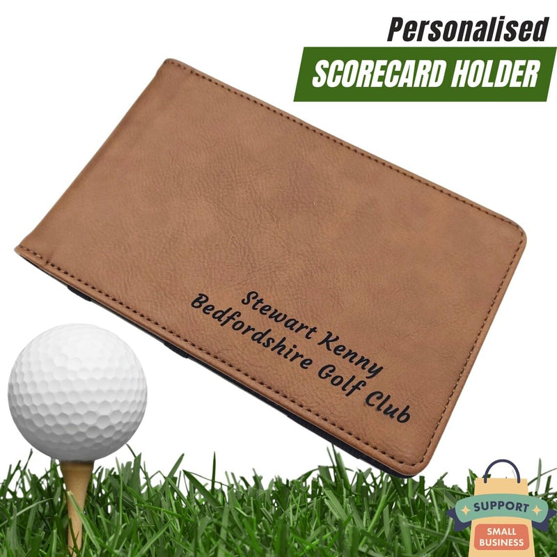 Personalised Golf Scorecard Holder with Matching Pencil | Brown Leather | Suitable for All Golfers | Birthday Present | Christmas Gift - Golf Gift