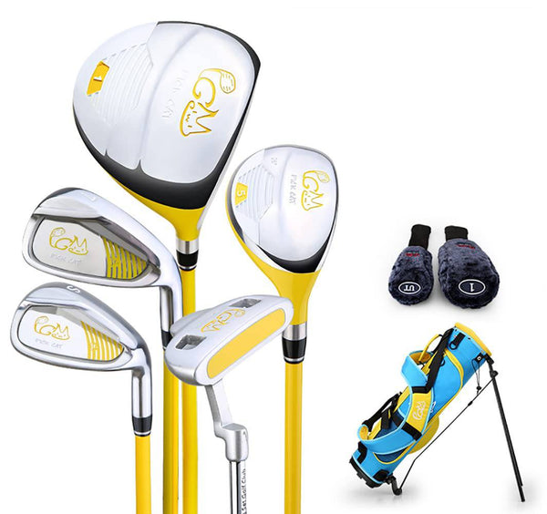 PGM 𝐉𝐮𝐧𝐢𝐨𝐫 𝐆𝐨𝐥𝐟 𝐂𝐥𝐮𝐛 𝐂𝐨𝐦𝐩𝐥𝐞𝐭𝐞 𝐒𝐞𝐭 for Children Kids, 3-5 Age Groups 5 Golf Clubs with Stand Bag and 2 Headcovers for Boys & Girls, Right Hand, Yellow - Golf Gift