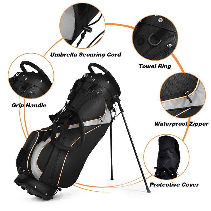 GYMAX Golf Stand Bag, Professional Golf Club Bag with 8 Way Divider, 7 Storage Pockets, Cooler Bag, Dual Strap & Rain Hood, Lightweight Golf Carry Bag for Men & Women - Golf Gift