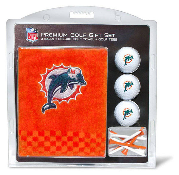 Team Golf NFL Miami Dolphins Gift Set: Embroidered Golf Towel, 3 Golf Balls, and 14 Golf Tees 2-3/4" Regulation, Tri-Fold Towel 16" x 22" & 100% Cotton - Golf Gift