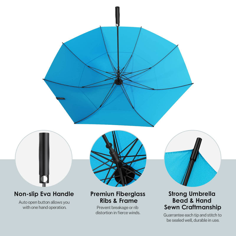 KOLER Golf Umbrella 62 Inch, UV Sun Protection Large Umbrellas Double Vented Canopy Auto Open, Windproof & Rainproof & Sunproof Extra Oversize Golf Stick Umbrella for Men and Women - Black/Blue - Golf Gift