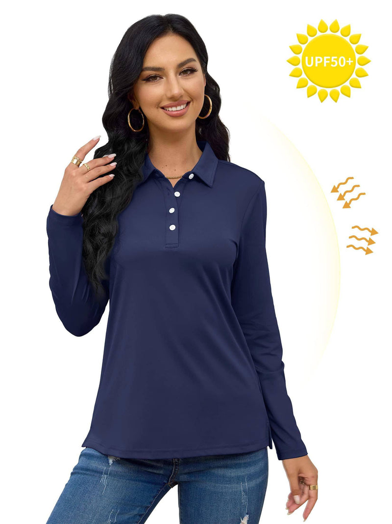 TACVASEN Womens Long Sleeve Tops UV Sun Protection Breathable Polo T-Shirts Lightweight Golf Sports T-Shirts Navy,M - Golf Gift