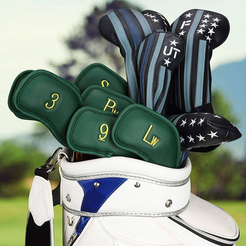 Craftsman Golf 12pcs Thick Synthetic Leather Golf Iron Head Covers Set Headcover Fit All Brands alao Available for Custom Version (Green with Gold No.) - Golf Gift