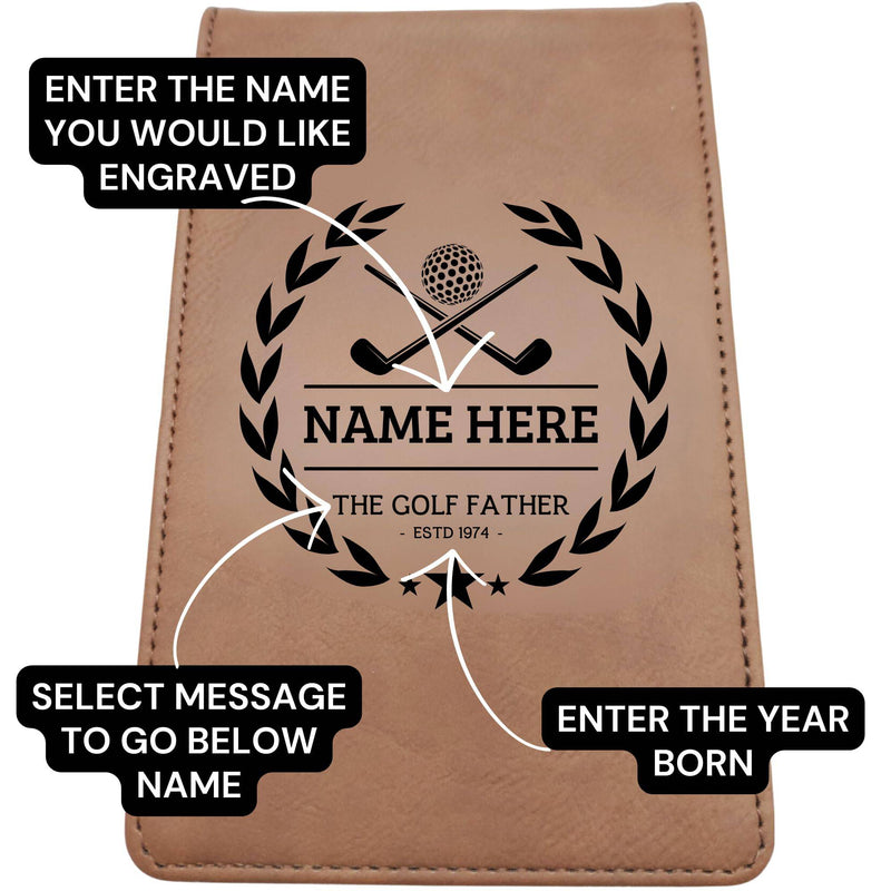 Golf Guy Gifts Golf Scorecard Holder (10 Fun Options) Add Golfers Name & Year! | Grey or Brown Leather | Perfect Golf Gift | Fathers Day, Birthday Present (BIRDIE BOSS, Brown) - Golf Gift