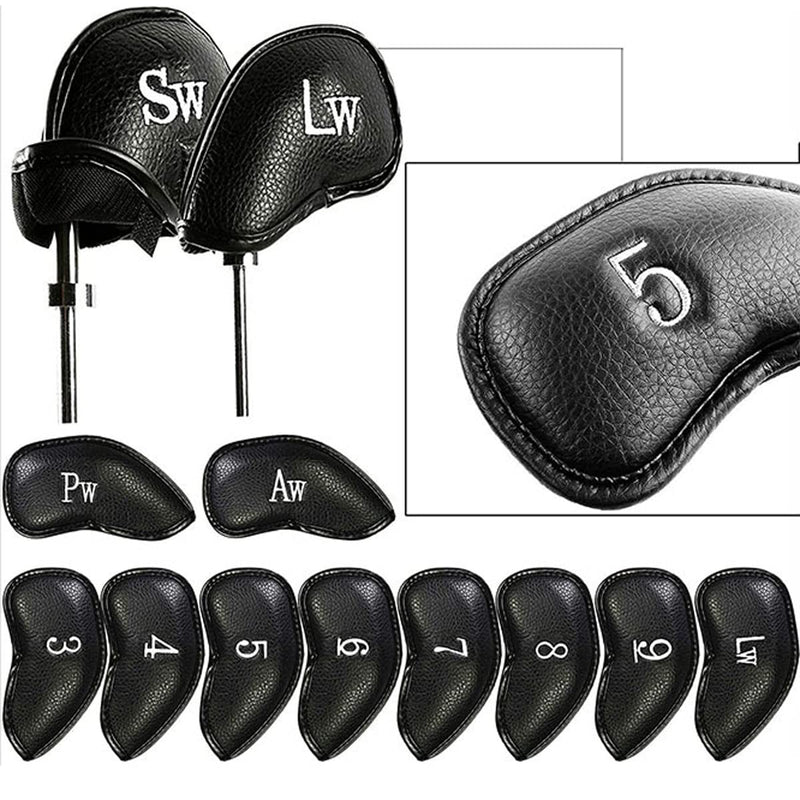 Techson Golf Club Headcovers (Black, 12pcs), Waterproof Portable Iron Head Covers Protector, Outdoor Leather Golf Putter Accessories Equipment - Golf Gift