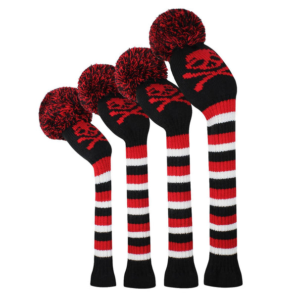 Meili Multi-Style Knit Golf Head Cover Set of 4 for Driver Wood*1, Fairway Wood*2 and Hybrid*1, Long Neck, Big Pom Pom, Low-Key Style, Suitable for men/women (Skull Pattern) - Golf Gift