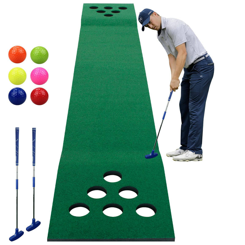 KOFULL Putting Mat Indoor Golf Putting Mat Putting Green Mat Indoor Outdoor (Free 2 golf putters+ 6 golf balls) Pong Mat Golf Practice MatGreen Mat,327 * 50CM - Golf Gift