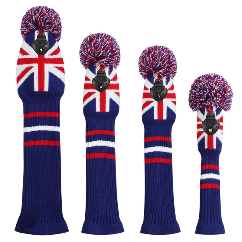 Knit Woods Golf Head Covers, Set of 4, UK Pattern, Fit Driver (460CC) Fairways hybrid/UT. Soft and Elastic, Decorative Your Golf Bag to Make It Stand Out - Golf Gift