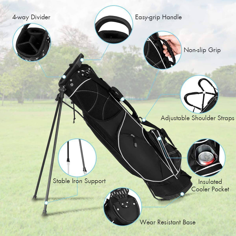 GYMAX 125cm Golf Stand Bag, Waterproof Golf Club Bag with 4 Way Divider, 4 Storage Pockets and Adjustable Shoulder Strap, Professional Golf Carry Bag for Men & Women (Black) - Golf Gift