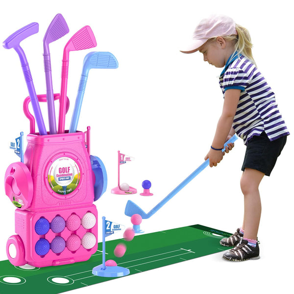 QDRAGON Kids Golf Clubs, Toddler Golf Set With 8 Balls, Putting Mat, 4 Golf Sticks, 2 Practice Holes And Golf Cart With Wheels, Indoor Outdoor Sport Toys Gift For Girls Ages 2 3 4 5+, Pink - Golf Gift