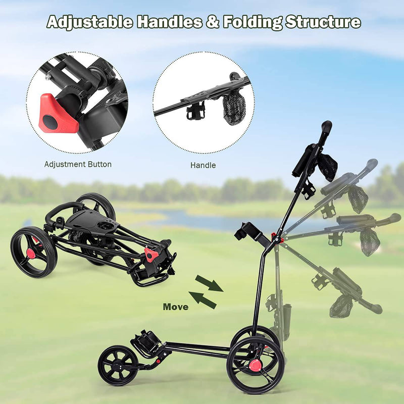 GYMAX Golf Trolley, Folding 3 Wheel Golf Push Cart with Foot Brake, Umbrella & Cup Holder, Adjustable TPR Handle and Mesh Bag, Lightweight Golf Bag Holder - Golf Gift