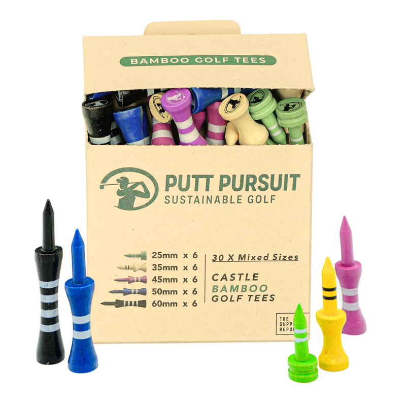 Putt Pursuit Bamboo Castle Golf Tees (Pack of 30) - Consistent Ball Height & Reduced Friction - Biodegradable & Sustainable - Available in Vibrant Color Options - Sizes 25, 35, 45, 50 & 60 (mm) - Golf Gift