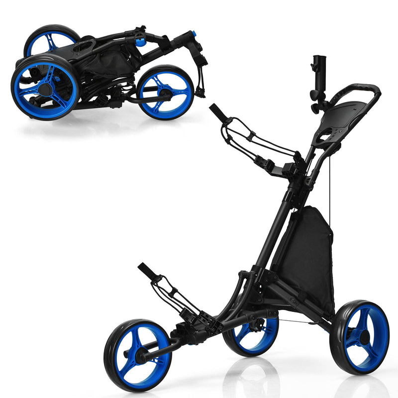 COSTWAY 3 Wheel Golf Push Pull Cart, Lightweight Foldable Golf Trolley with Adjustable Height Handle, Umbrella Stand, Insulation Storage Bag, Cup Holder and Foot Brake (Blue) - Golf Gift