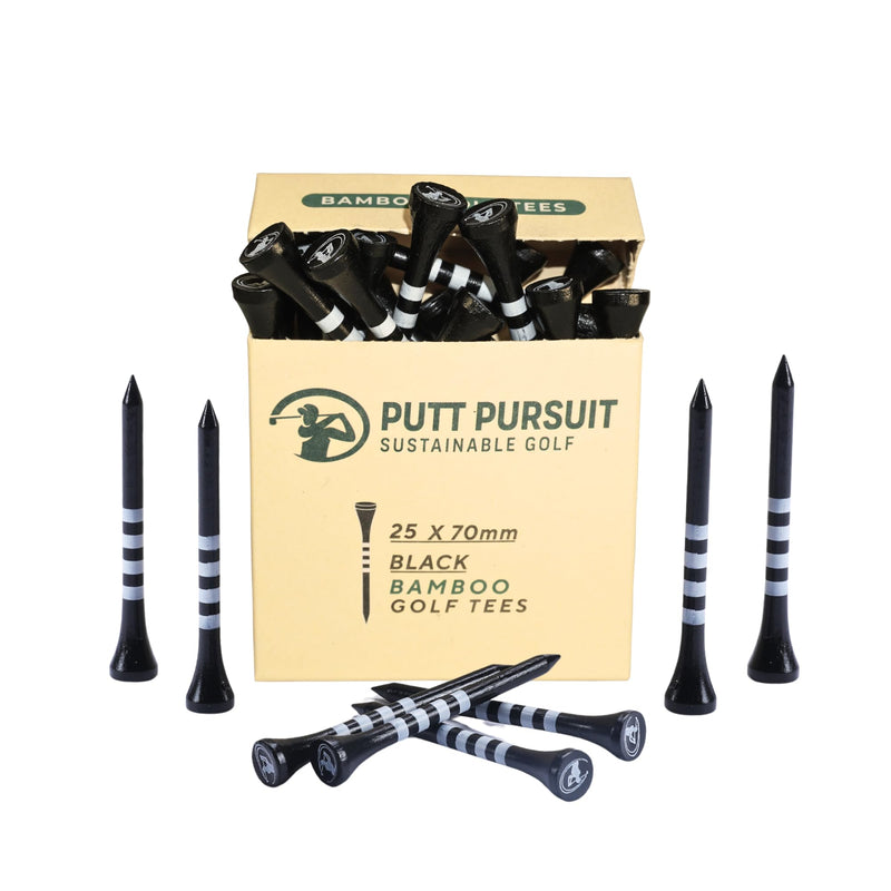 Putt Pursuit Golf Essentials Gift Set - Include Bamboo 25 Pack 70mm Golf Tees, 2 Divot Tools, 2 Ball Markers & 1 Classic Wooden Pencil - Sustainable Golf Set for Golf Enthusiasts Players & Golf Lovers