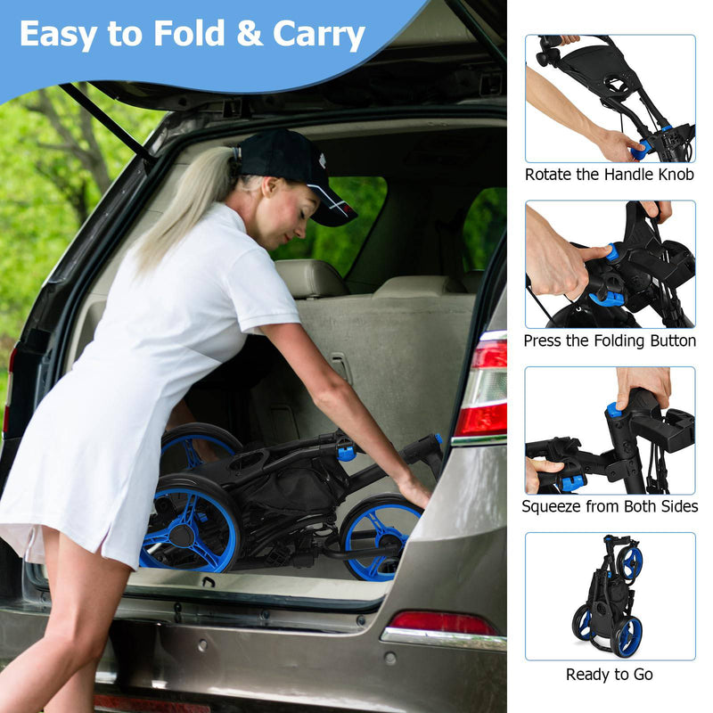 COSTWAY 3 Wheel Golf Push Pull Cart, Lightweight Foldable Golf Trolley with Adjustable Height Handle, Umbrella Stand, Insulation Storage Bag, Cup Holder and Foot Brake (Blue) - Golf Gift