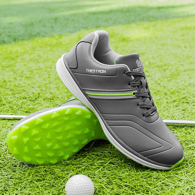 Mens Waterproof Golf Shoes Microfibre Spikeless Golf Trainer Shoes Comfort Grip Grey/Green 283 - Golf Gift