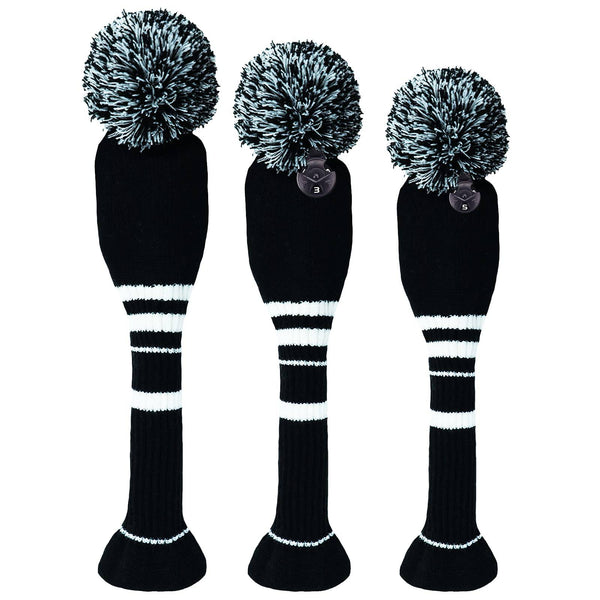 3 or 4 Pack Pom Golf Head Covers for Woods 1 3 5 Driver Fairway Hybrids Golf Wood Head Cover Set with Number Tag Knitted Golf Head Covers (Black 135) - Golf Gift