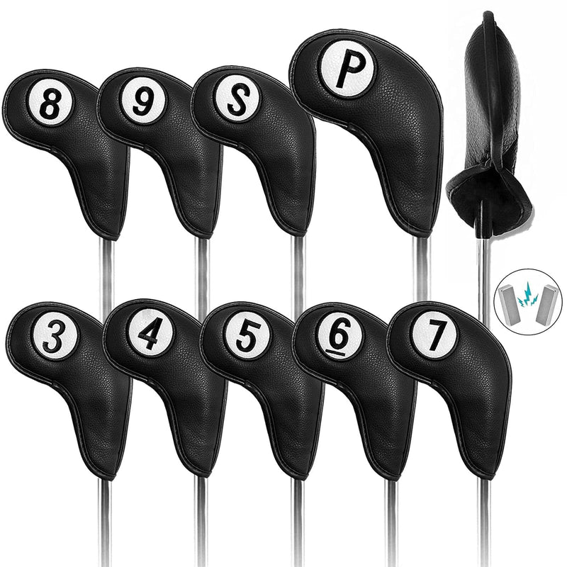 FINGER TEN Golf Club Head Covers for Irons Magnetic Closure Long Neck Value 9pcs/Set, Number Printed both Sides Headcovers Deluxe Synthetic Leather Professional (Black) - Golf Gift