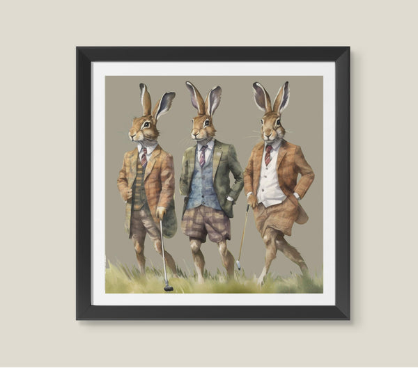 Designed By Lorna Watercolour Sporting Golf Hares Country Wall Art Print Framed Picture or Unframed (12x12 Framed Picture) - Golf Gift