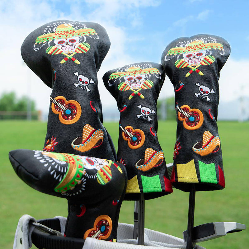 Golf Wood Head Covers Driver Cover 3 Wood Headcover Hybrid Head Covers Embroidery Sugar Skull Design Golf Club Headcovers Leather Hand-Made Wood Head Cover (3pcs(DR+FW+UT)) - Golf Gift