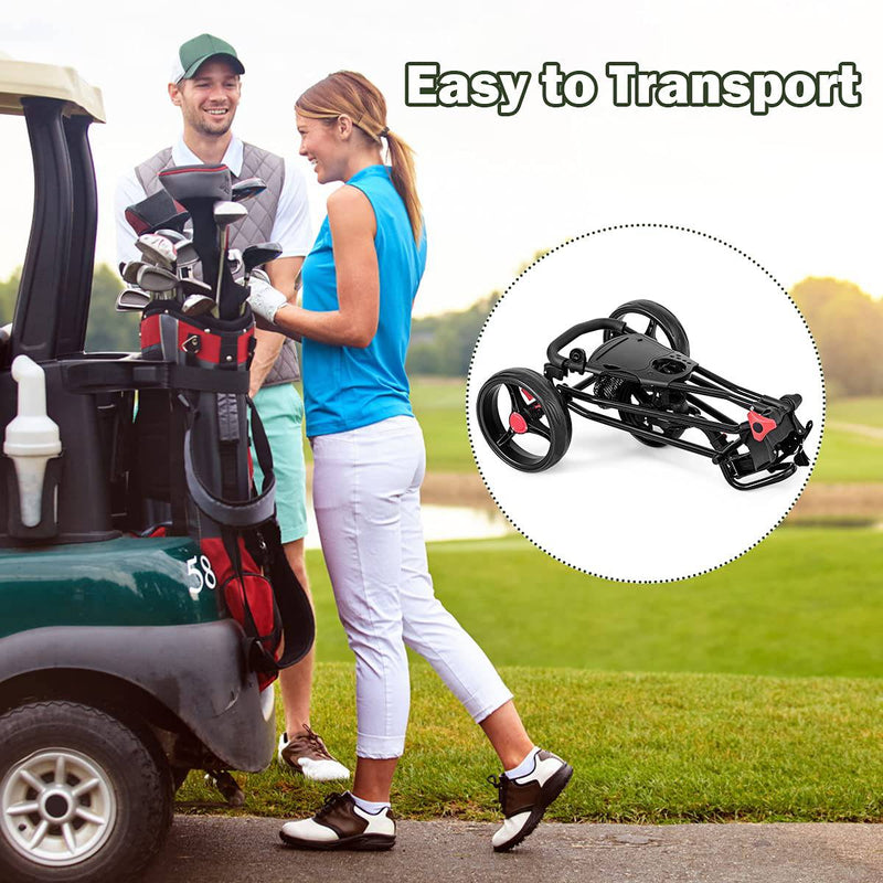 GYMAX Golf Trolley, Folding 3 Wheel Golf Push Cart with Foot Brake, Umbrella & Cup Holder, Adjustable TPR Handle and Mesh Bag, Lightweight Golf Bag Holder - Golf Gift