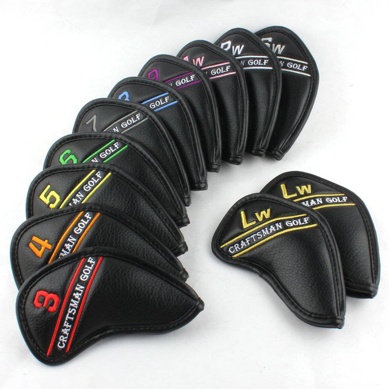 12pcs Black Synthetic Leather Golf Iron Head Covers Set Headcover with Colorful Number Embroideried,easily get the needed iron For Callaway, Ping, Taylormade, Cobra - Golf Gift