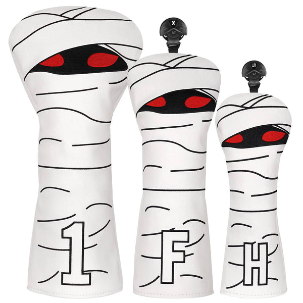 Golf Club Head covers Wood Set 3 PACKS 1FH DR FW UT for Driver Fairway Hybrid with No.Tag White PU Leather Mummy Design Elastic Closure - Golf Gift