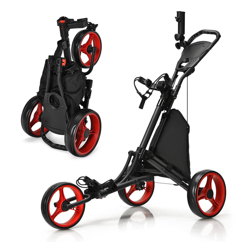 GYMAX 3 Wheels Golf Push Pull Cart, Lightweight Height Adjustable Golf Trolley with Storage Bag, Foot Brake, Umbrella Holder and Built-in Cooler, Foldable Golf Bag Holder (Red) - Golf Gift