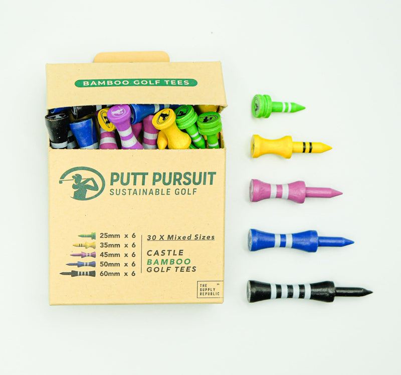 Putt Pursuit Bamboo Castle Golf Tees (Pack of 30) - Consistent Ball Height & Reduced Friction - Biodegradable & Sustainable - Available in Vibrant Color Options - Sizes 25, 35, 45, 50 & 60 (mm) - Golf Gift