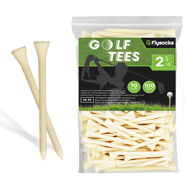 Flysocks Golf Tees Professional Natural Bamboo/Wood Golf Tees Pack of 100, Golf Tees 3 1/4 inch & 2 3/4 inch, Tall Golf Tees Bulk Reduce Side Spin and Friction - Golf Gift