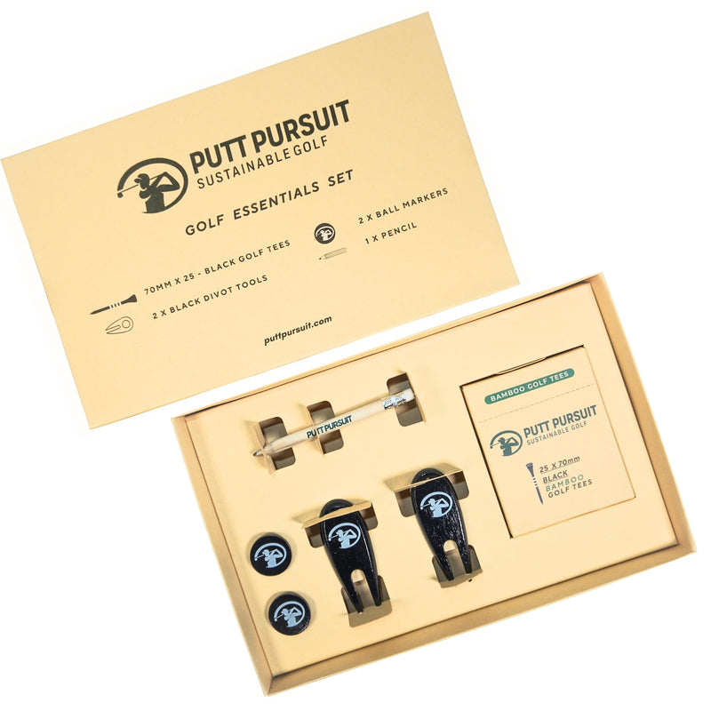 Putt Pursuit Golf Essentials Gift Set - Include Bamboo 25 Pack 70mm Golf Tees, 2 Divot Tools, 2 Ball Markers & 1 Classic Wooden Pencil - Sustainable Golf Set for Golf Enthusiasts Players & Golf Lovers