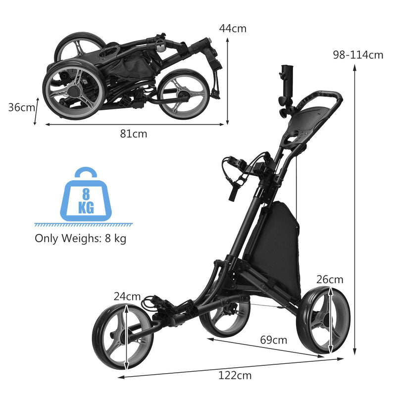 COSTWAY 3 Wheel Golf Push Pull Cart, Lightweight Foldable Golf Trolley with Adjustable Height Handle, Umbrella Stand, Insulation Storage Bag, Cup Holder and Foot Brake (Gray) - Golf Gift