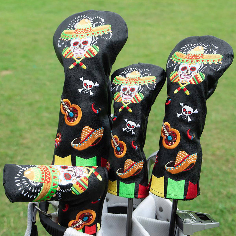 Golf Wood Head Covers Driver Cover 3 Wood Headcover Hybrid Head Covers Embroidery Sugar Skull Design Golf Club Headcovers Leather Hand-Made Wood Head Cover (3pcs(DR+FW+UT)) - Golf Gift